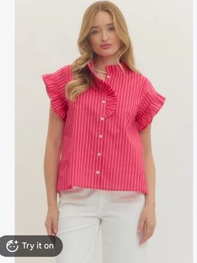 KOCH Hot Pink Pinstripe Ruffle Sleeveless Blouse Top Size M